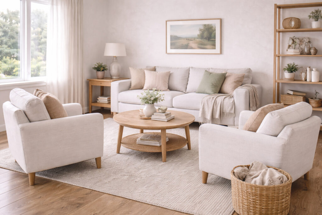 a cozy living room with chairs angled toward each other and warm neutrals
