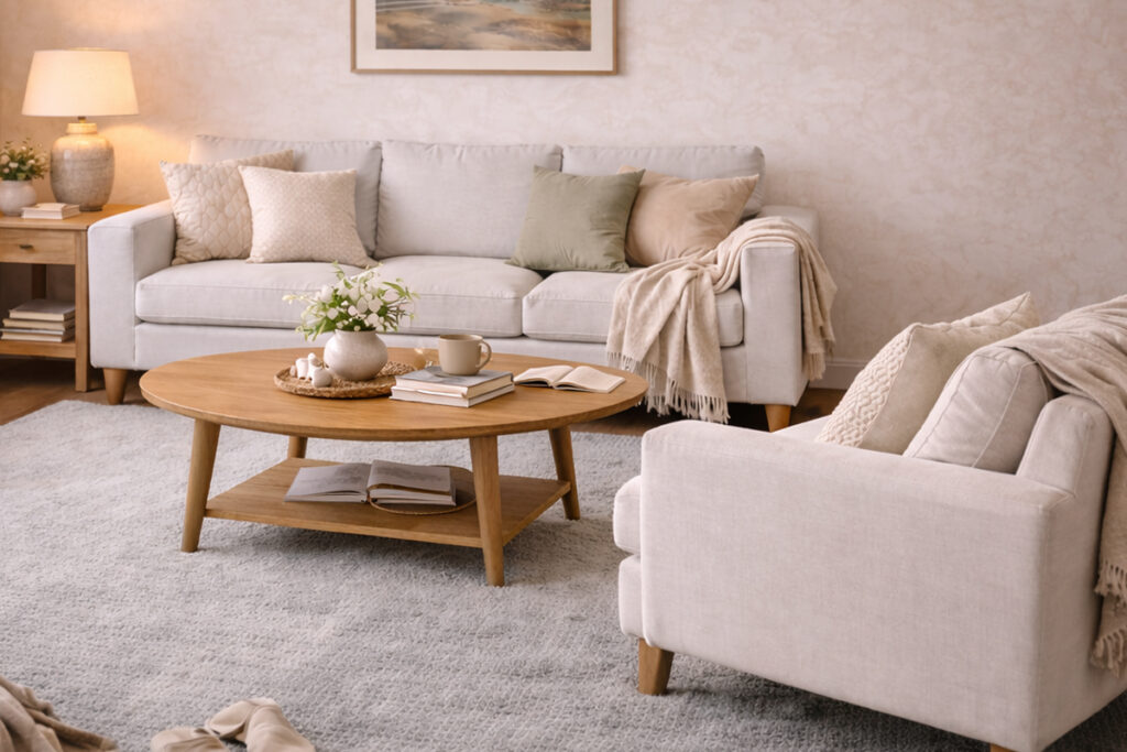 a lived-in, neutral living room with soft textures and relaxed styling