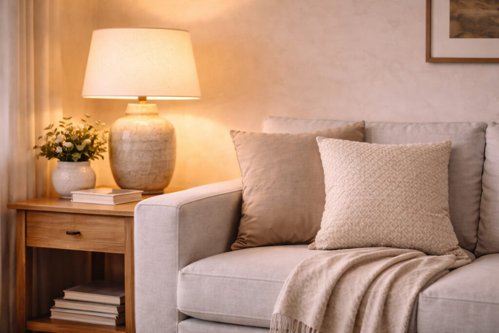 a living room lit by lamps and natural daylight, no overhead light visible