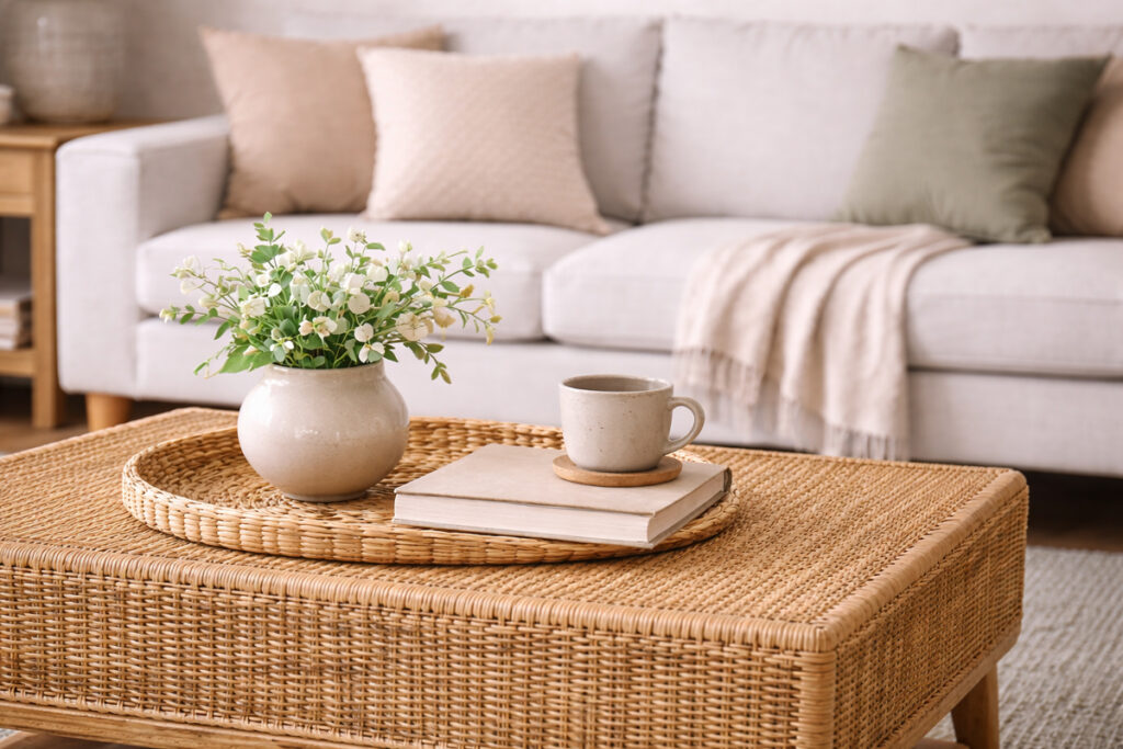 a neutral space where fabric, wood, and woven textures are clearly visible
