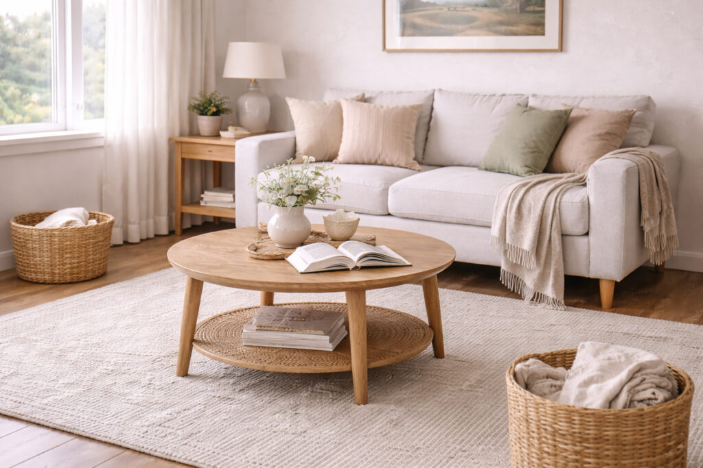a relaxed living room with a folded throw and a book placed naturally