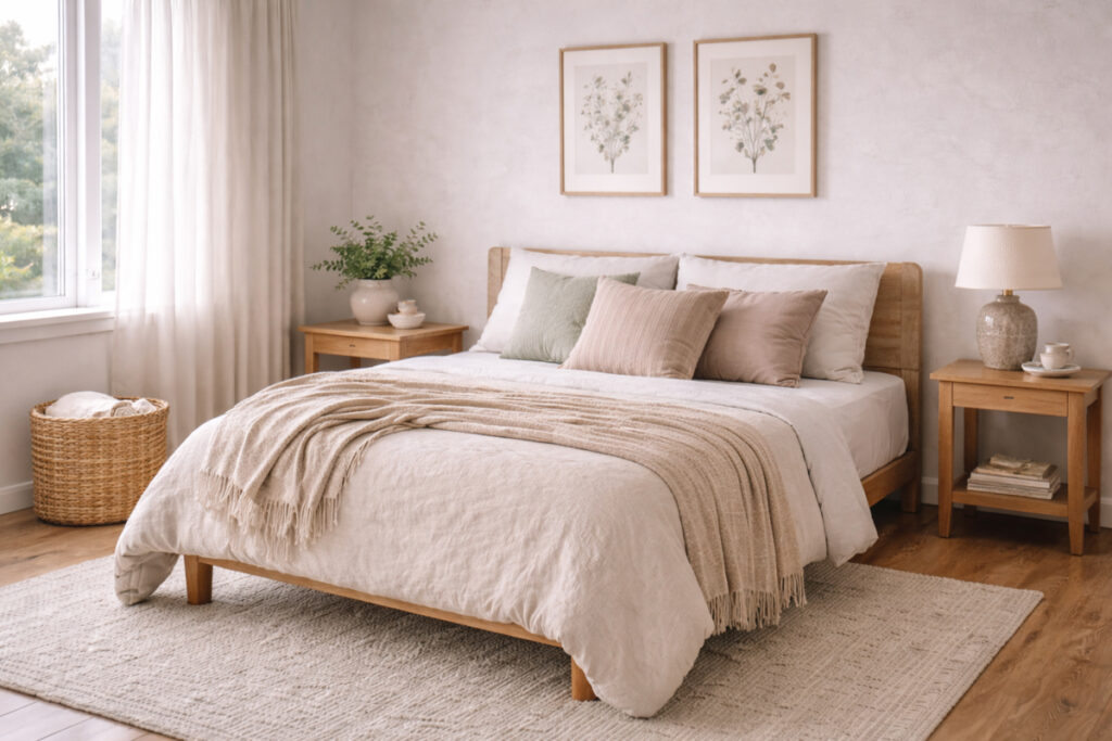 a serene bedroom with soft bedding, a slim nightstand, and natural light.
