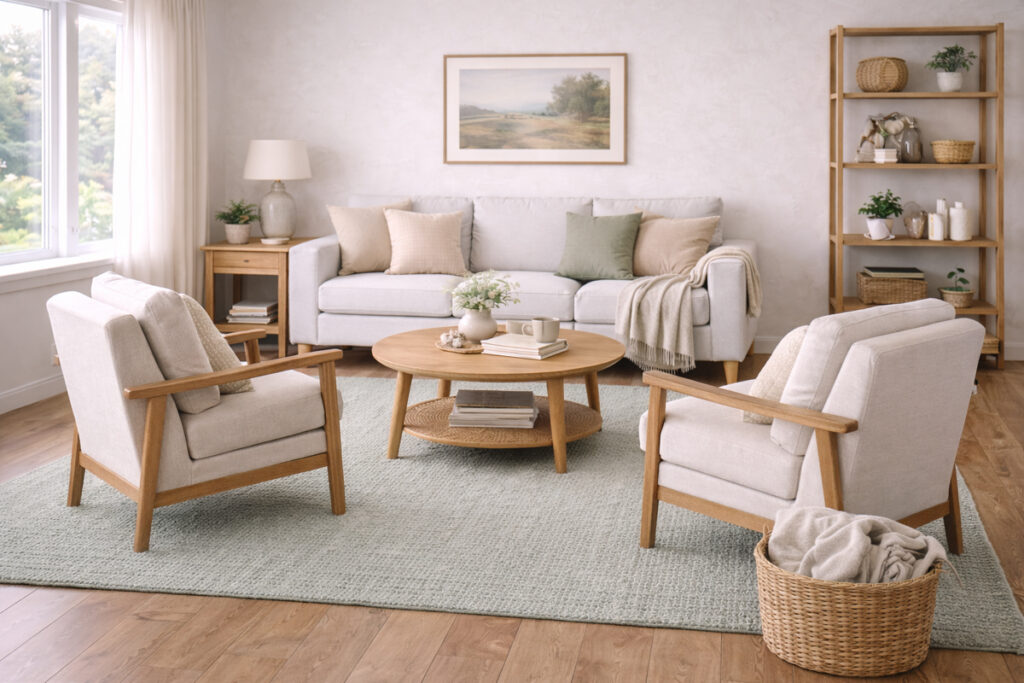 a simplified furniture layout with clear walking space and calm balance