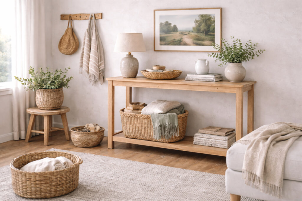 baskets, fabric accents, and handmade-looking details in a neutral space